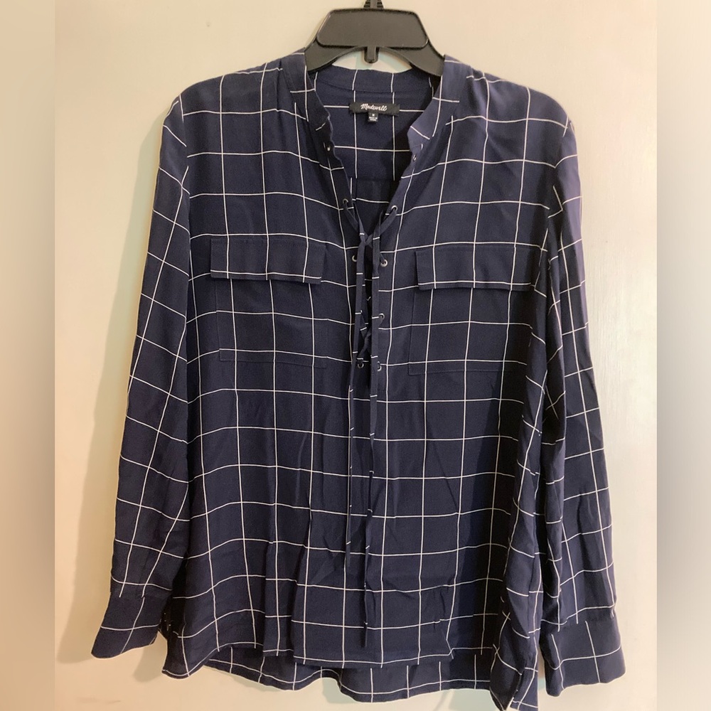 Madewell Lace-Up Check Print Blouse